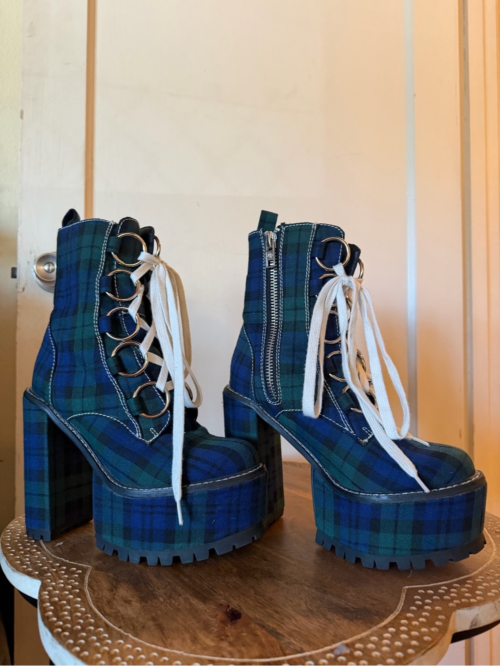 Dolls Kill Current Mood Sikk Nancy Tartan Plaid Platform Ankle O-Ring Boots - Picture 11 of 15